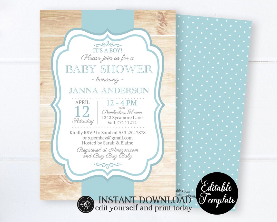 Printable Rustic Baby Boy Shower Invitation, EDITABLE TEMPLATE, Boy ...