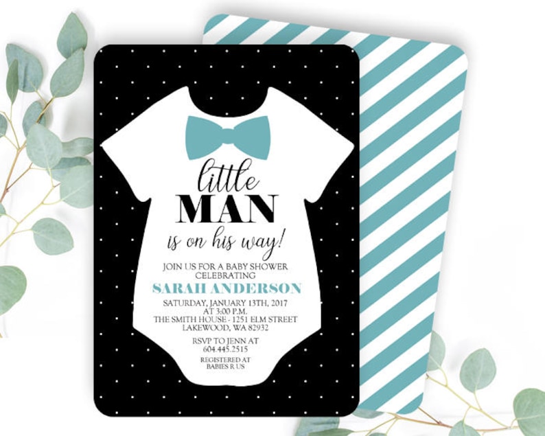 Bow Tie Baby Shower Invite Little Man Baby Shower Invitation Little Man Invitation Baby Boy Bow Tie Invitation Black and Aqua ANY EVENT image 2