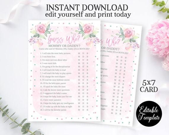 Guess Who? Mommy or Daddy Game, Printable Baby Shower Game, Pink Floral Baby Shower Party Games Editable SP0034 Il_570xn