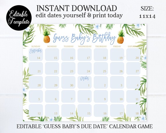Tropical Baby Shower Baby Predictions Game Due Date Calendar Printable Custom Guess Baby Birthday Game C74 Digital File