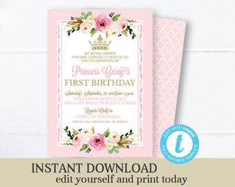 Pink and Gold Princess Birthday Invitation, Girl Birthday Invite, Printable Editable Template, Royal Birthday, SP0013