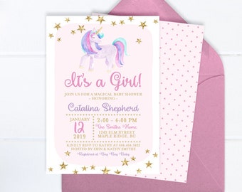 Unicorn Baby Shower Invitation Girl Baby Shower invitation Baby Girl Shower Invite Pink & Gold Glitter Invite Watercolor Unicorn Baby Party