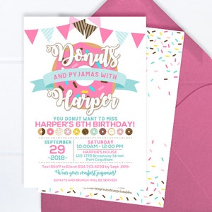 Donuts and Pajamas Invitation, Donut Invitation, Donut Party, Donut Birthday Invitation, Sleepover Party, Doughnut Party, Pajama Party image 1