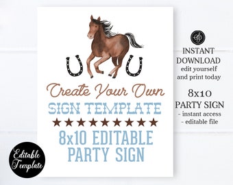 Horse Birthday Party Sign 8x10, Create Your Own Sign, Editable Template, Templett Sign, Horse Party Sign, SP0069