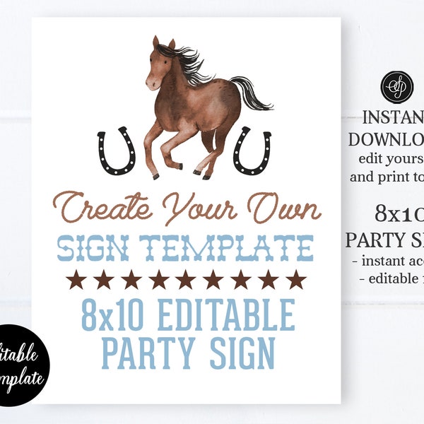 Horse Birthday Party Sign 8x10, Create Your Own Sign, Editable Template, Templett Sign, Horse Party Sign, SP0069