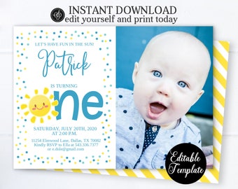 Summer Fun in the Sun BOY 1st Birthday Invitation with Photo, Blue and Yellow Sunshine Birthday Invitation Boy, Summer Party, SP0040