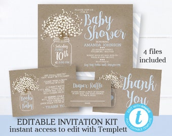 Kraft Mason Jar Baby Shower Invitation Kit Boy Baby Shower Invite Baby Boy Shower Rustic Baby INSTANT DOWNLOAD Edit with Templett Printable