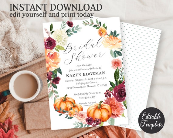 Fall Floral Bridal Shower Invitation, Autumn Wreath Floral Pumpkin Bridal Shower Invite, EDITABLE, Instant Access, Templett, SP0052A Il_570xn