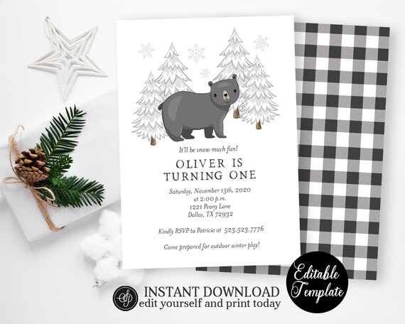 EDITABLE Winter Woodland Bear Birthday Invitation, Snowy Woodland Animals, Bear in the Snow, Forest Friends Birthday, SP0066 Il_570xn