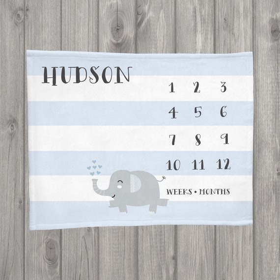 Baby Boy Months Blanket, Monthly Baby Milestone Blanket, Elephant Baby Milestone Blanket, Baby Shower Gift Boy, Elephant Blue Stripe Il_570xn