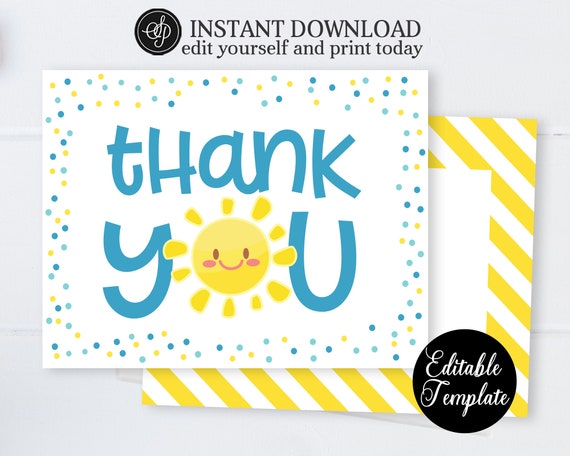 Summer 1st Birthday Thank You Card, Blue and Yellow Sun & Fun Sunshine Birthday Little Sunshine Party, Editable Template SP0040 Il_570xn
