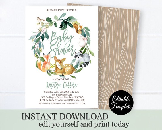 Woodland Animal Baby Shower Invitation, Greenery Woodland Theme Invite, Gender Neutral, Editable Boy Baby Shower Template, Instant Download Il_570xn