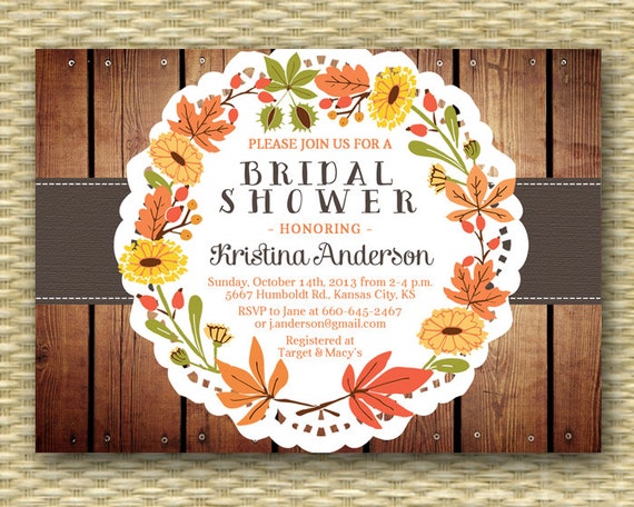 Rustic Fall Bridal Shower Invitation Rustic Wood Fall Leaves Leaf Wreath Wedding Shower Couples Shower, ANY EVENT Il_570xn