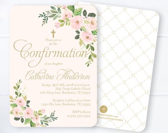 Girl Confirmation Invitation Floral Blush Pink & Gold Floral Baptism Invitation Spring Floral Confirmation Invitation Pink and Gold Printed