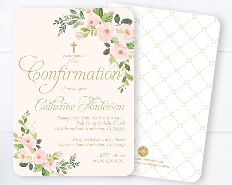 Girl Confirmation Invitation Floral Blush Pink & Gold Floral Etsy Canada