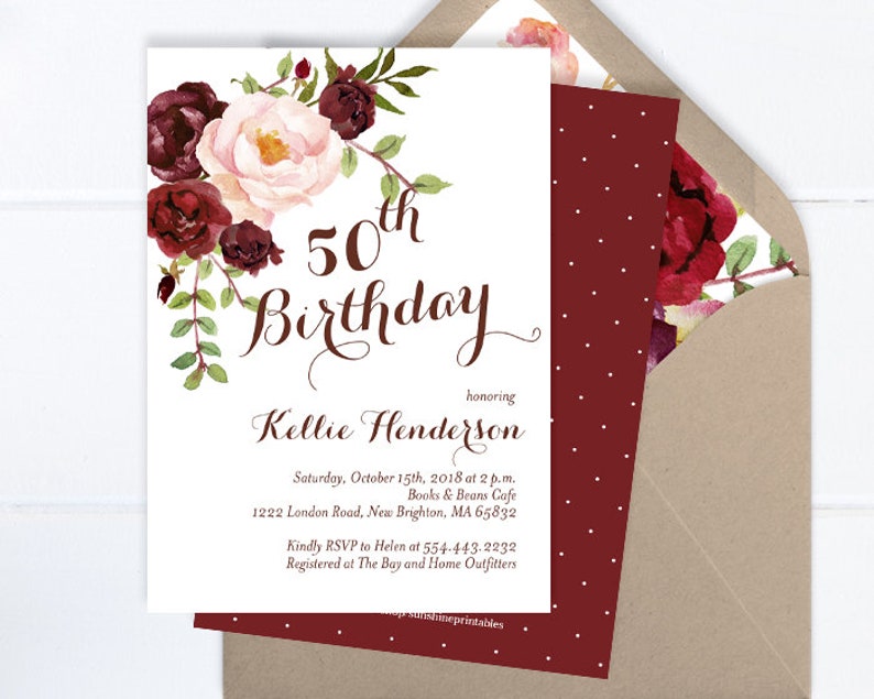 Adult Birthday Invitation Fall 50th Birthday Invitation Floral Birthday Invitation for Woman Women's 50th Birthday Invite Burgundy & Blush image 1