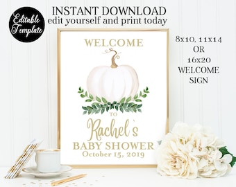 Fall Greenery Pumpkin Baby Shower Welcome Sign, 8x10, 11x14, 16x20, Printable Editable Template Templett Baby Shower Party Sign SP0056A