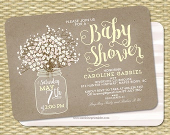 Yellow Baby Shower Invitation Yellow and White Gender Neutral Floral Mason Jar Baby's Breath Kraft Baby Shower Invite Baby Sprinkle