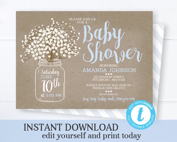 Rustic Baby Boy Shower Invitation Editable Template Mason Jar Baby's Breath Rustic Kraft Blue and White Instant Download Templett Printable Il_570xn