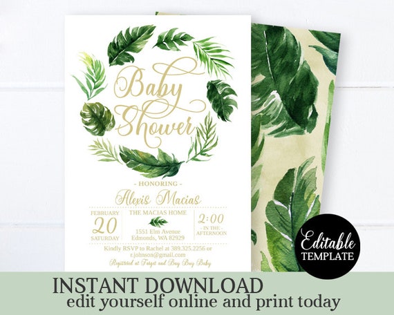 Printable Tropical Baby Shower Invitation, Greenery & Gold, Jungle Baby Sprinkle Invite, Gender Neutral Hawaiian Baby Shower SP0023 Il_570xn