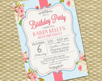 60th Birthday Invitation Shabby Chic Birthday Tea Milestone Birthday Vintage Tea Party, Any Event, Any Colors