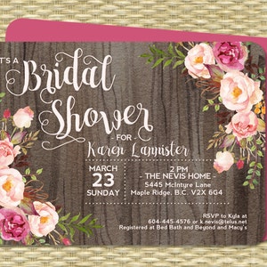 Bridal Shower Invitation Rustic Watercolor Dark Wood Roses Peonies Pink Blush Raspberry Floral Couples Shower Any Event 画像 2