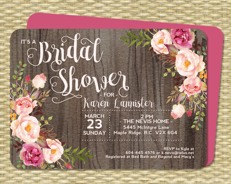 Bridal Shower Invitation Rustic Watercolor Dark Wood Roses Peonies Pink Blush Raspberry Floral Couples Shower Any Event 画像 2