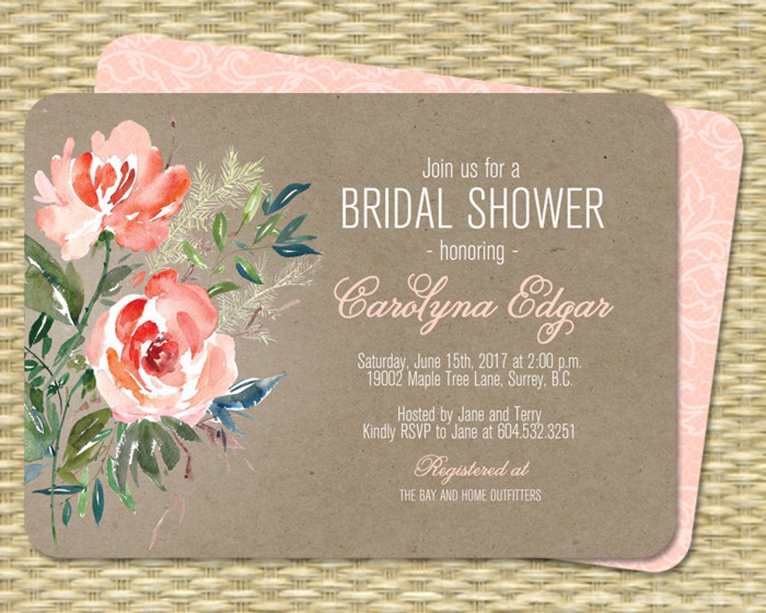 Printable Rustic Bridal Shower Invitation Kraft Floral Peach - Etsy