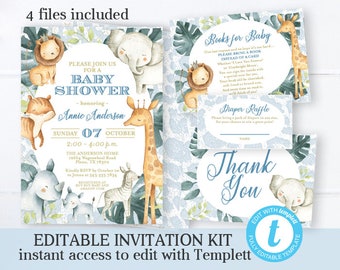 Safari Baby Shower Invitation Boy KIT Baby Shower Invite Kit Safari Theme Jungle Baby Shower Elephant Baby Shower Instant Download Editable