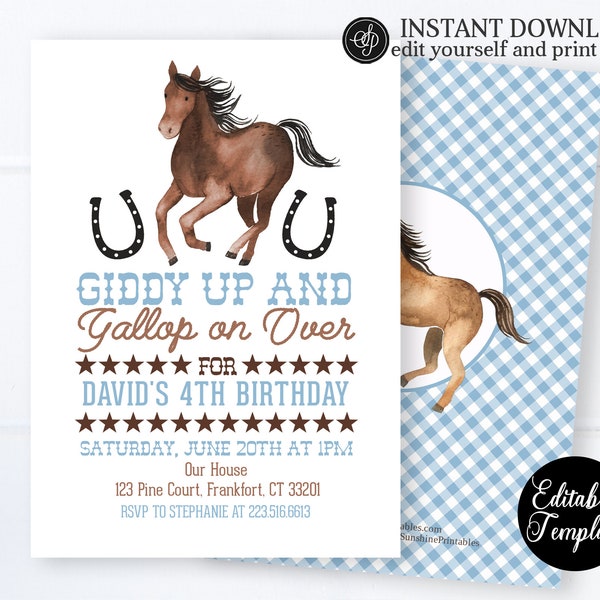 Horse Birthday Invitation For Boy, Horse Birthday Invitations, Blue Horse Birthday Party Invitations, Horse Party Invitation SP0069