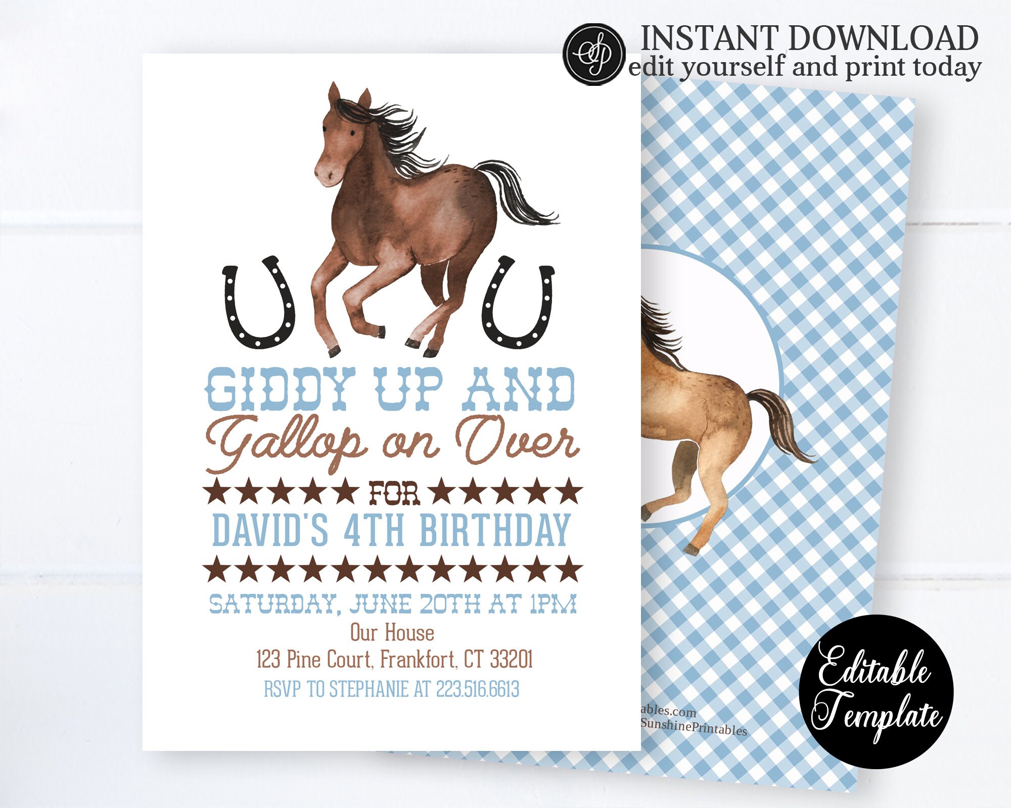Blue And White Horses Personalised Children/'s Birthday Party Invitations