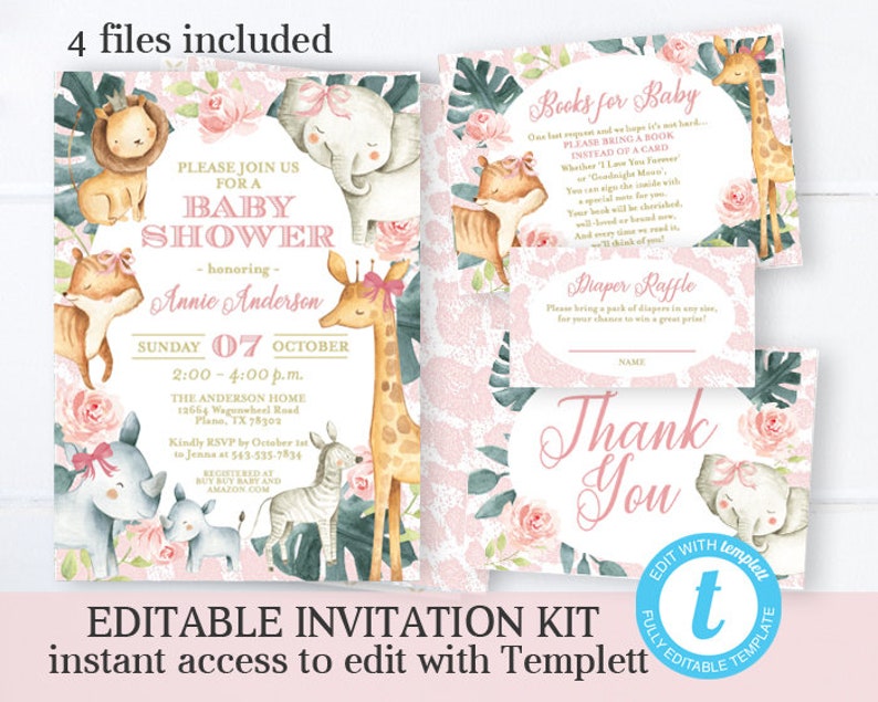 Safari Girl Baby Shower Invitation Kit Theme Invite For Jungle Printable Editable Template Instant