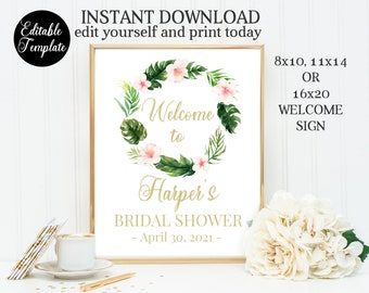 Tropical Bridal Shower Welcome Sign, 8x10, 11x14, 16x20, Printable Editable Template, Templett, Aloha Bridal Shower Welcome Sign, SP0023