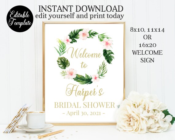 Tropical Bridal Shower Welcome Sign, 8x10, 11x14, 16x20, Printable Editable Template, Templett, Aloha Bridal Shower Welcome Sign, SP0023 Il_570xn