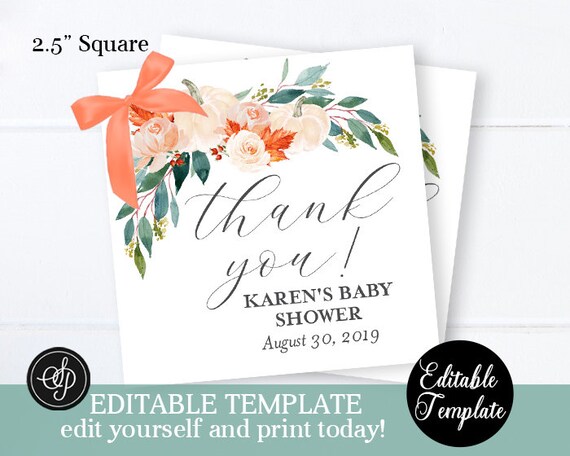 Fall Baby Shower Favor Tag, Pumpkin Baby Shower 2.5" Square Favor Tag, Printable File, Editable Template, Templett, SP0052A Il_570xn