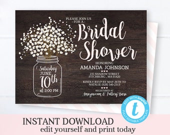 Rustic Bridal Shower Invitation Template Editable Invitation Printable Wedding Shower Mason Jar Invite Instant Download Templett Invitation