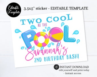 3.5x5" EDITABLE Cool by the Pool Party Sticker Labels, Favor Tags ou Favor Stickers, Swimming Birthday Party, Summer Party Decor, SP0039