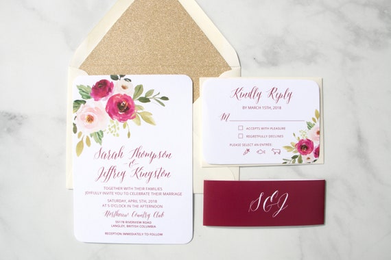 Burgundy Floral Wedding Invitations, Burgundy Invitations, Elegant Wedding Floral Watercolor Invitations, Printed Invitations, Sarah Suite Il_570xn
