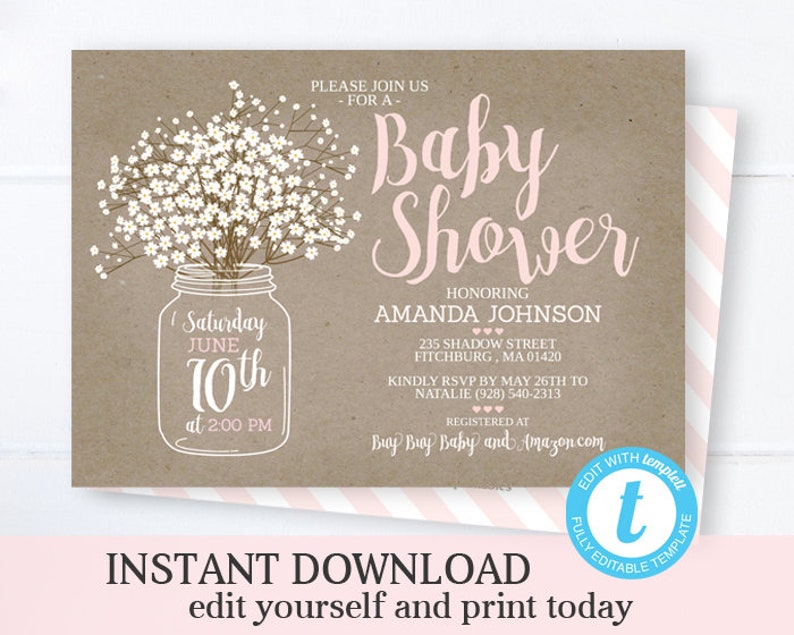 Rustic Baby Girl Shower Invitation Mason Jar Baby's Breath Rustic Kraft Pink and White Instant Download Editable Template Templett image 1