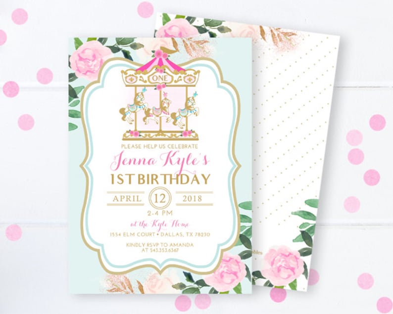 Blue and Pink Carousel 1st Birthday Invitation Printable Carousel Floral Birthday Invite Girl 1st Birthday Invitations Printed or Printable image 1