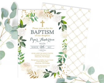 White and Gold Baptism Invitation Greenery Baptism Invite Baby Girl Baby Boy Christening Invitation First Communion ANY EVENT