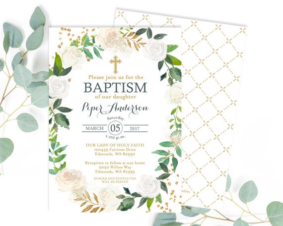 white and gold baptism invitation greenery baptism invite baby etsy