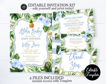 Tropical Boy Baby Shower Invitation KIT, Hawaiian Baby Boy Shower Invitation Bundle, Aloha Baby Boy Shower Kit, EDITABLE TEMPLATE, SP0038