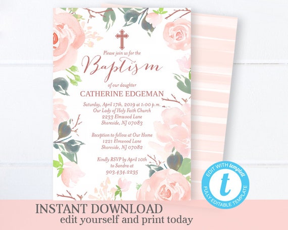 Boho Floral Baptism Invitation Pink Baptism Invitation Watercolor Floral Baptism Invite Printable Invitation EDITABLE Template Templett Il_570xn