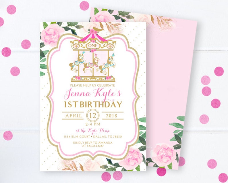 Blue and Pink Carousel 1st Birthday Invitation Printable Carousel Floral Birthday Invite Girl 1st Birthday Invitations Printed or Printable image 2