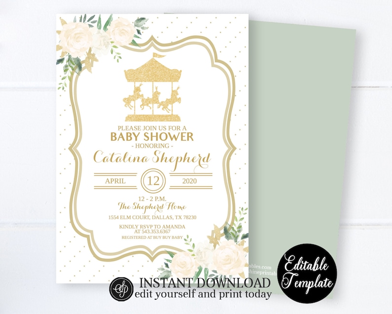 Gold Carousel Baby Shower Invitation, Printable Vintage Carousel Baby Shower Invite, White and Gold, EDITABLE Invitation Template, SP0044 image 1