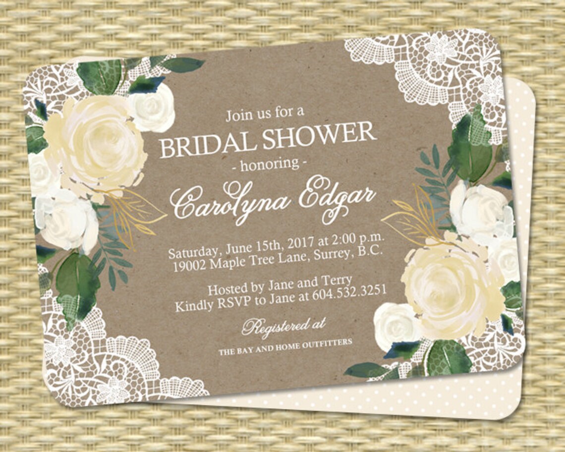 Rustic Bridal Shower Invitation Printable Kraft White Roses | Etsy