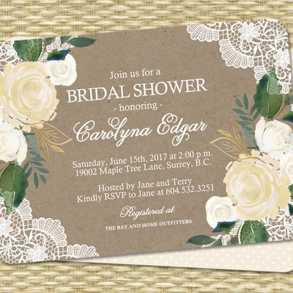 Rustic Bridal Shower Invitation Printable Kraft White Roses Floral Lace Bridal Brunch ANY EVENT