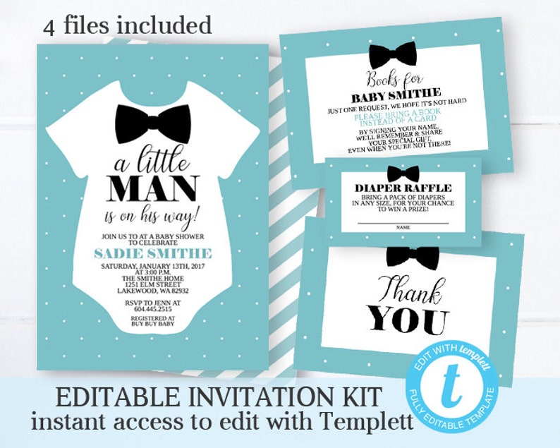 Baby Boy Shower Invitation KIT Little Man Baby Shower Invitation Bow Tie Baby Shower EDITABLE TEMPLATE Printable Invitation Templett image 1