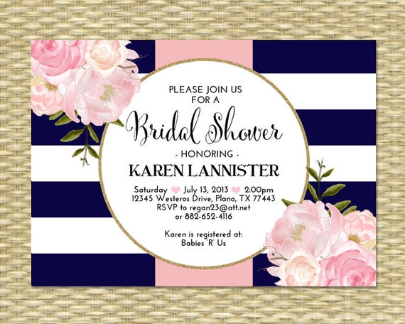 Bridal Shower Invitation Navy Blue Pink Gold Glitter Stripes Floral Peonies Bridal Brunch Bridal Tea Any Event Il_570xn